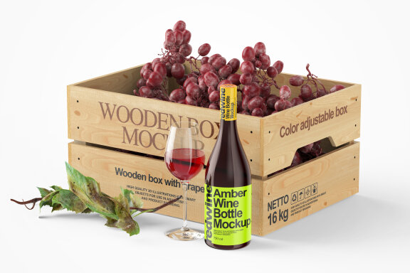 Wooden crate with grape and wine bottle mockup