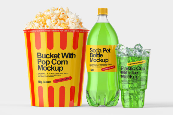 Fast Food Popcorn  Coke Bottle And Transparent Glass Mockup