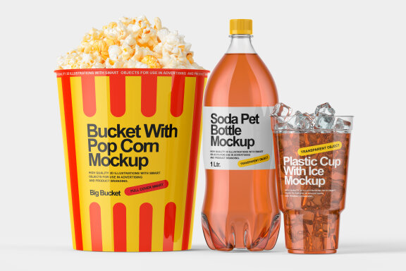 Fast Food Popcorn  Coke Bottle And Transparent Glass Mockup