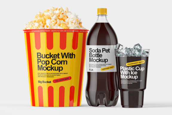 Fast Food Popcorn  Coke Bottle And Transparent Glass Mockup