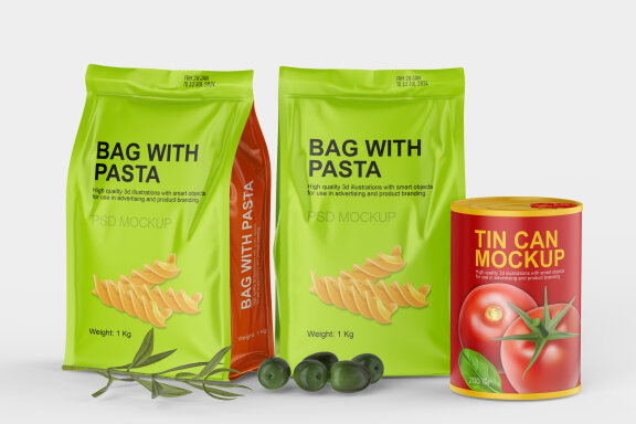 Pasta matte soft bags with tin can mockup