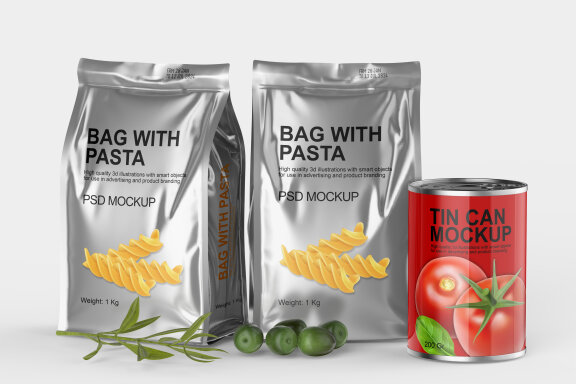 Pasta matte soft bags with tin can mockup