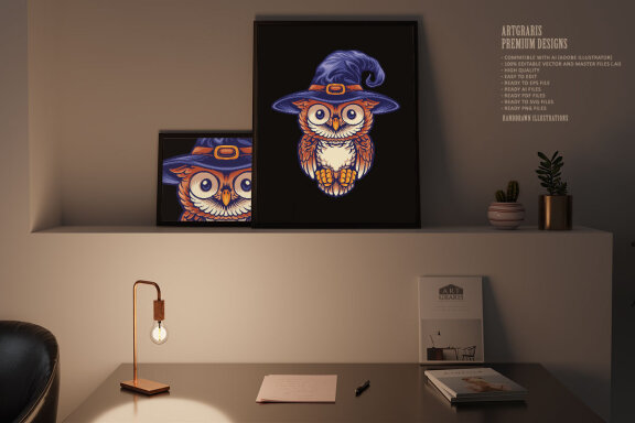 Owl Cute Wearing a Witch's Hat Mascot Illustrations