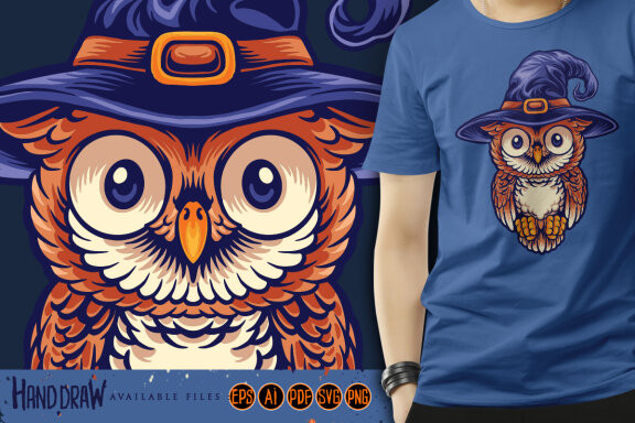 Owl Cute Wearing a Witch's Hat Mascot Illustrations