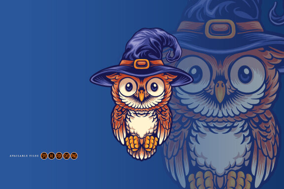 Owl Cute Wearing a Witch's Hat Mascot Illustrations