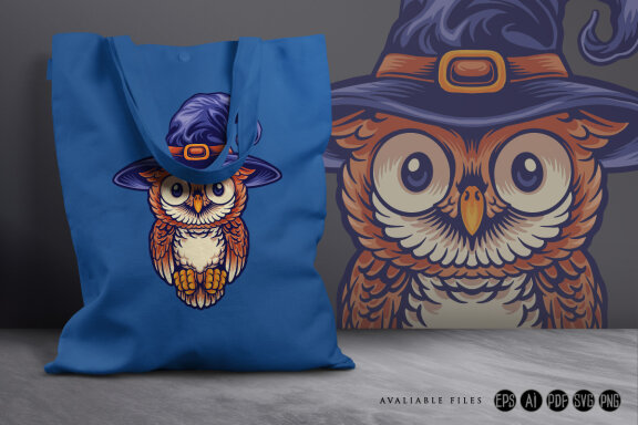 Owl Cute Wearing a Witch's Hat Mascot Illustrations