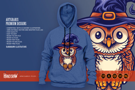 Owl Cute Wearing a Witch's Hat Mascot Illustrations