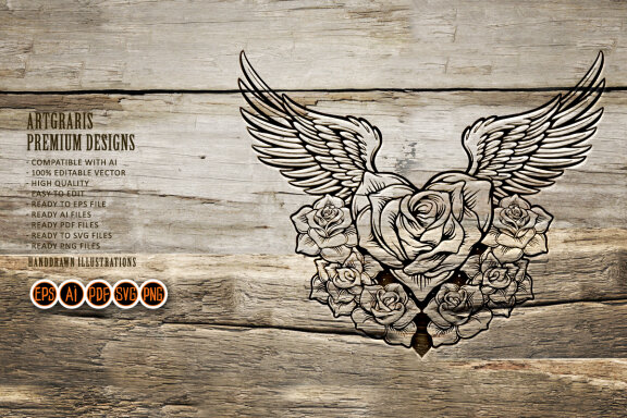 Rose flourish with Angel wings Silhouette