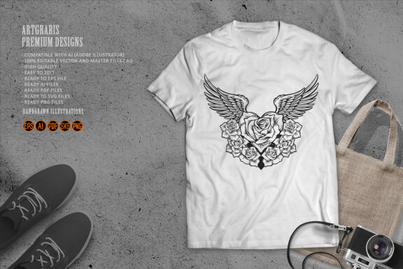 Rose flourish with Angel wings Silhouette
