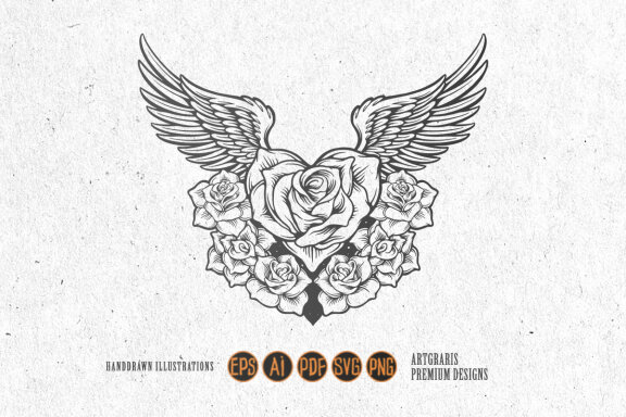 Rose flourish with Angel wings Silhouette