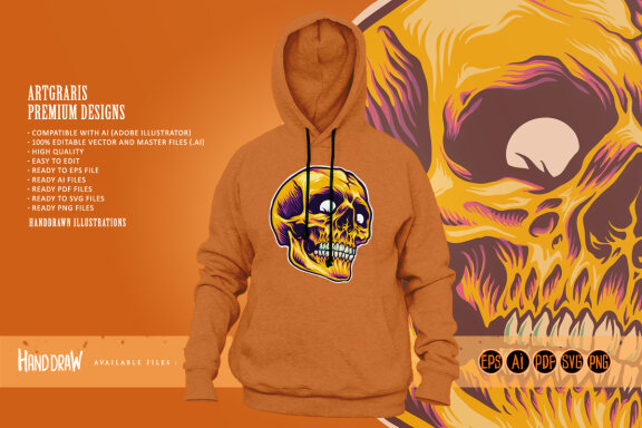 Cracked golden skull head psychedelic Illustrations