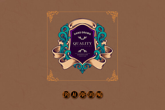 Elegant classic badge with swirl ribbon ornaments