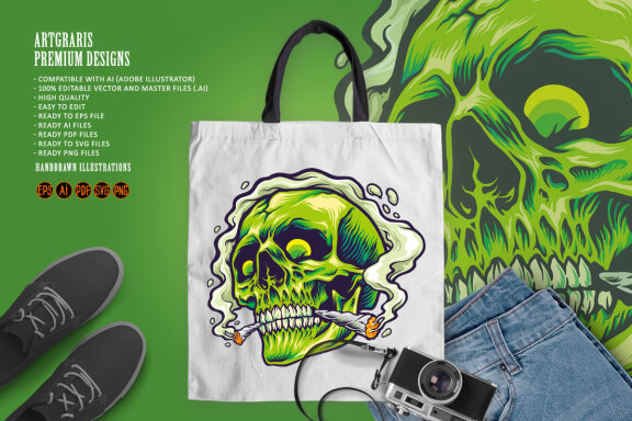 Green Skull Joint Smoking a Weed Marijuana
