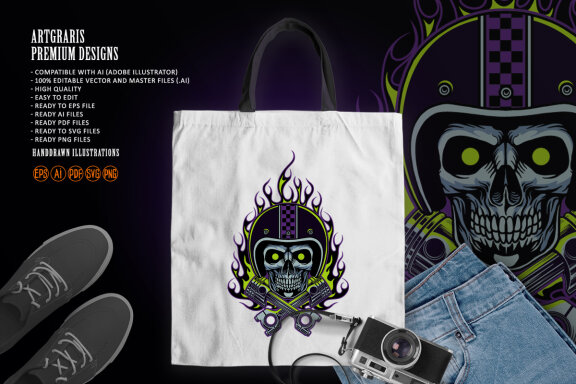 Flame skull mechanic racer mascot