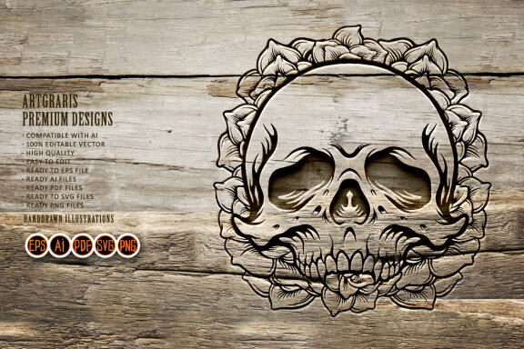 Silhouette Rose skull frame Tattoo SVG