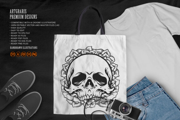 Silhouette Rose skull frame Tattoo SVG
