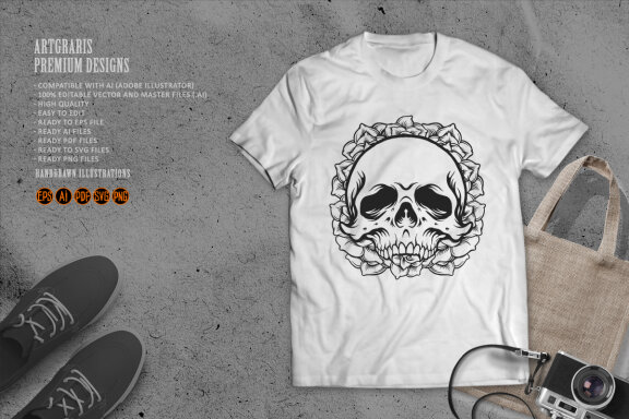 Silhouette Rose skull frame Tattoo SVG