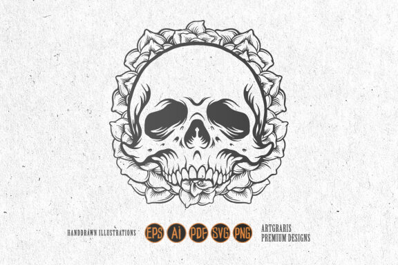 Silhouette Rose skull frame Tattoo SVG