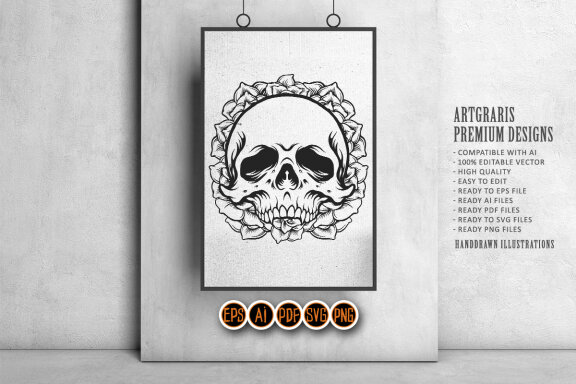 Silhouette Rose skull frame Tattoo SVG