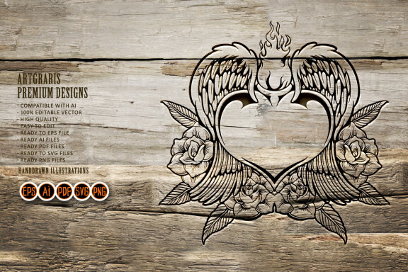 Clipart Flying heart love with rose flower blossom