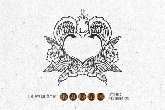 Clipart Flying heart love with rose flower blossom