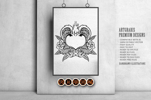 Clipart Flying heart love with rose flower blossom