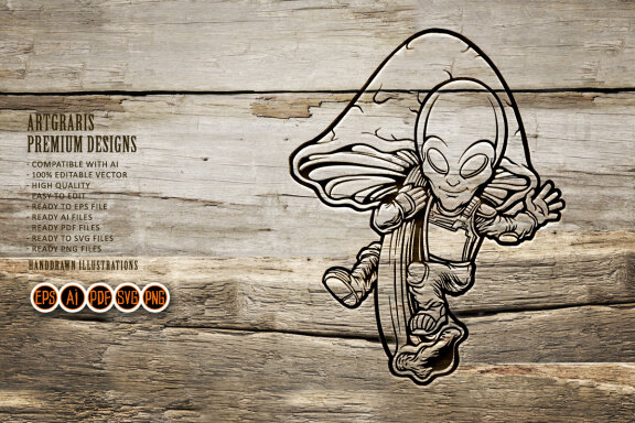 Flying galaxy alien with mushrooms Silhouette