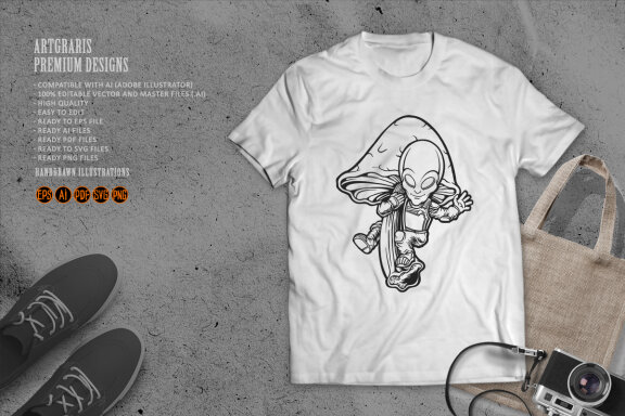 Flying galaxy alien with mushrooms Silhouette
