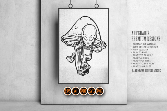Flying galaxy alien with mushrooms Silhouette