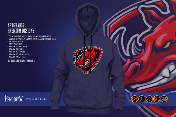 Red Rhino Head Mascot Shield Logo