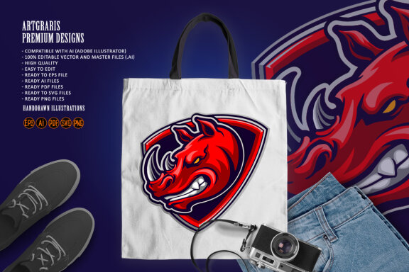 Red Rhino Head Mascot Shield Logo