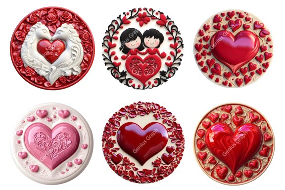 3D Ceramic Style Round Valentine's Day Clipart Bundle