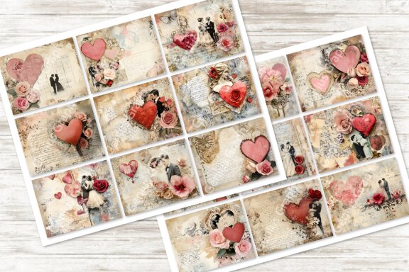 Valentine Theme Junk Journal Page Bundle