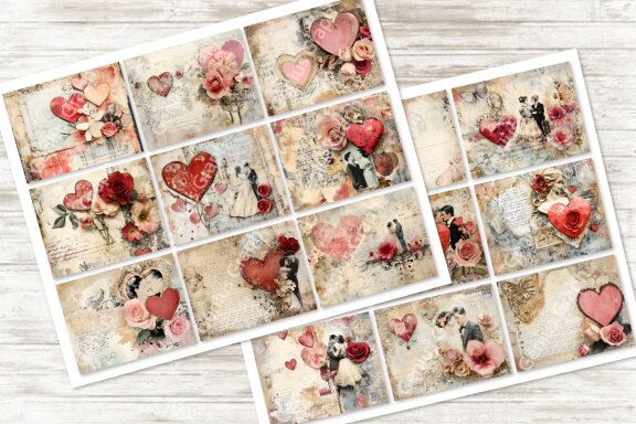 Valentine Theme Junk Journal Page Bundle