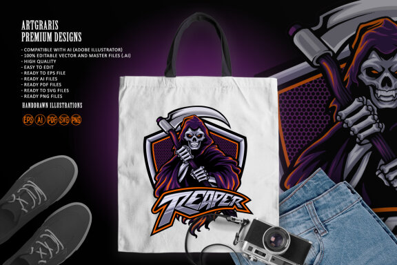 Skull Grim Reaper Shield Esport Logo Mascot