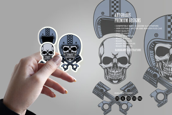 Skull piston motorcycle logo mascot