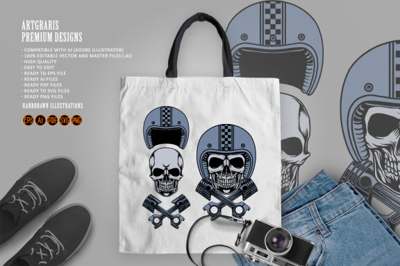 Skull piston motorcycle logo mascot