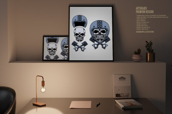 Skull piston motorcycle logo mascot