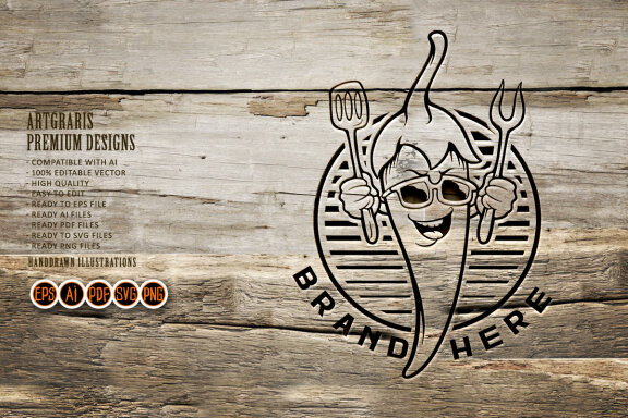 Chili chef restaurant logo mascot Monochrome