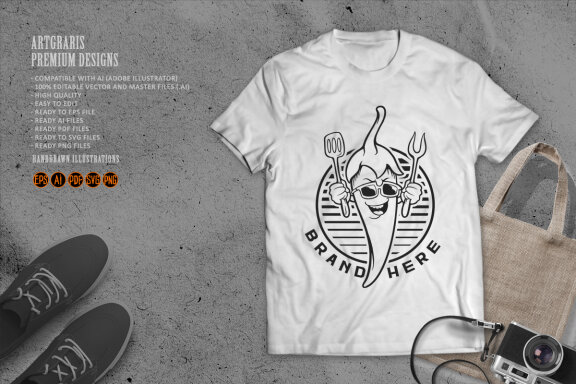 Chili chef restaurant logo mascot Monochrome