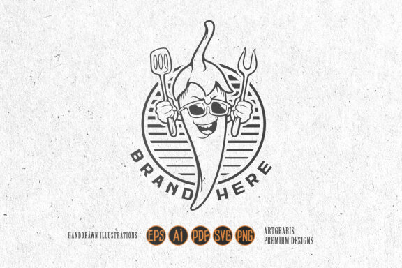 Chili chef restaurant logo mascot Monochrome
