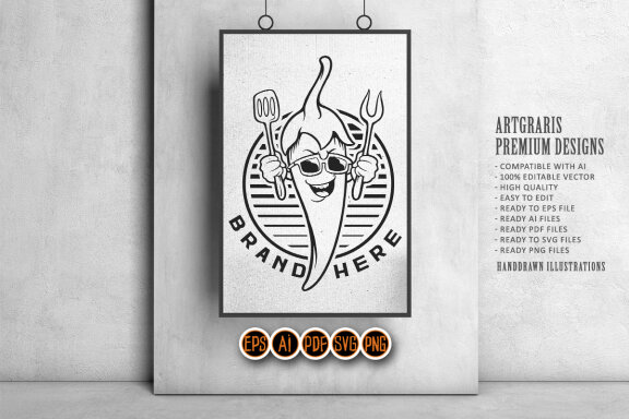 Chili chef restaurant logo mascot Monochrome