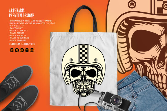 Skull helmet motorcycle logo mascot