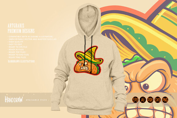 Angry delicious tacos restaurant mascot