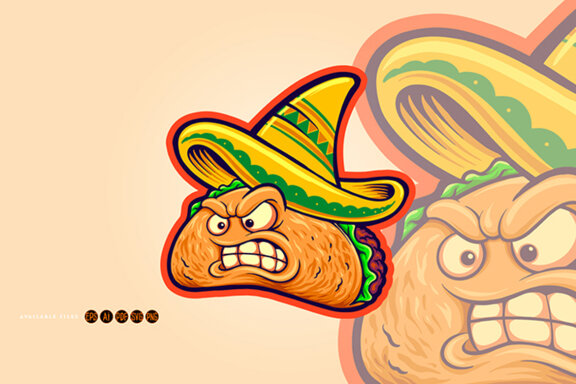 Angry delicious tacos restaurant mascot