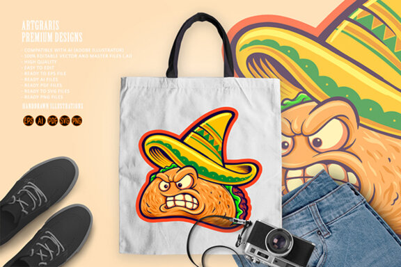 Angry delicious tacos restaurant mascot