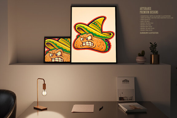Angry delicious tacos restaurant mascot