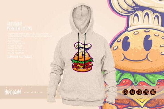 Burger chef food cartoon character logo mascot