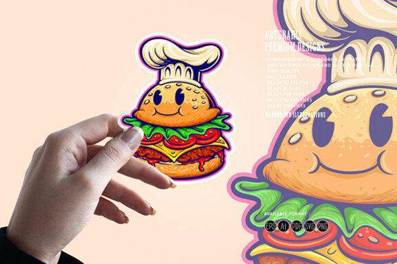 Burger chef food cartoon character logo mascot