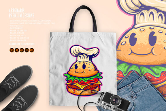 Burger chef food cartoon character logo mascot
